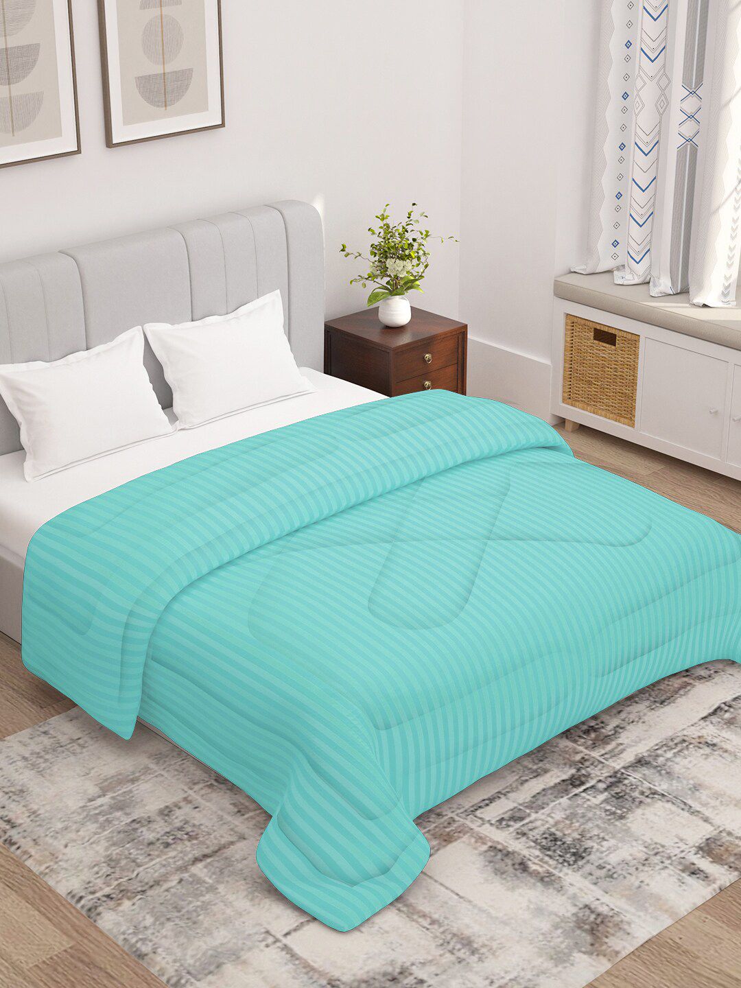 Story@home Blue Striped 180 GSM Reversible Ac Room Double Bed Comforter