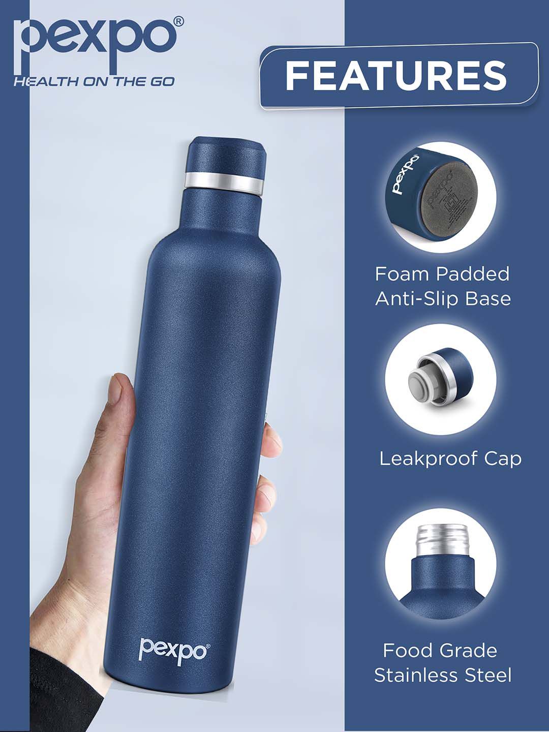 Pexpo Denim Blue OREO-ISI Certified Thermosteel Hot Insulated Water Bottle 750ml