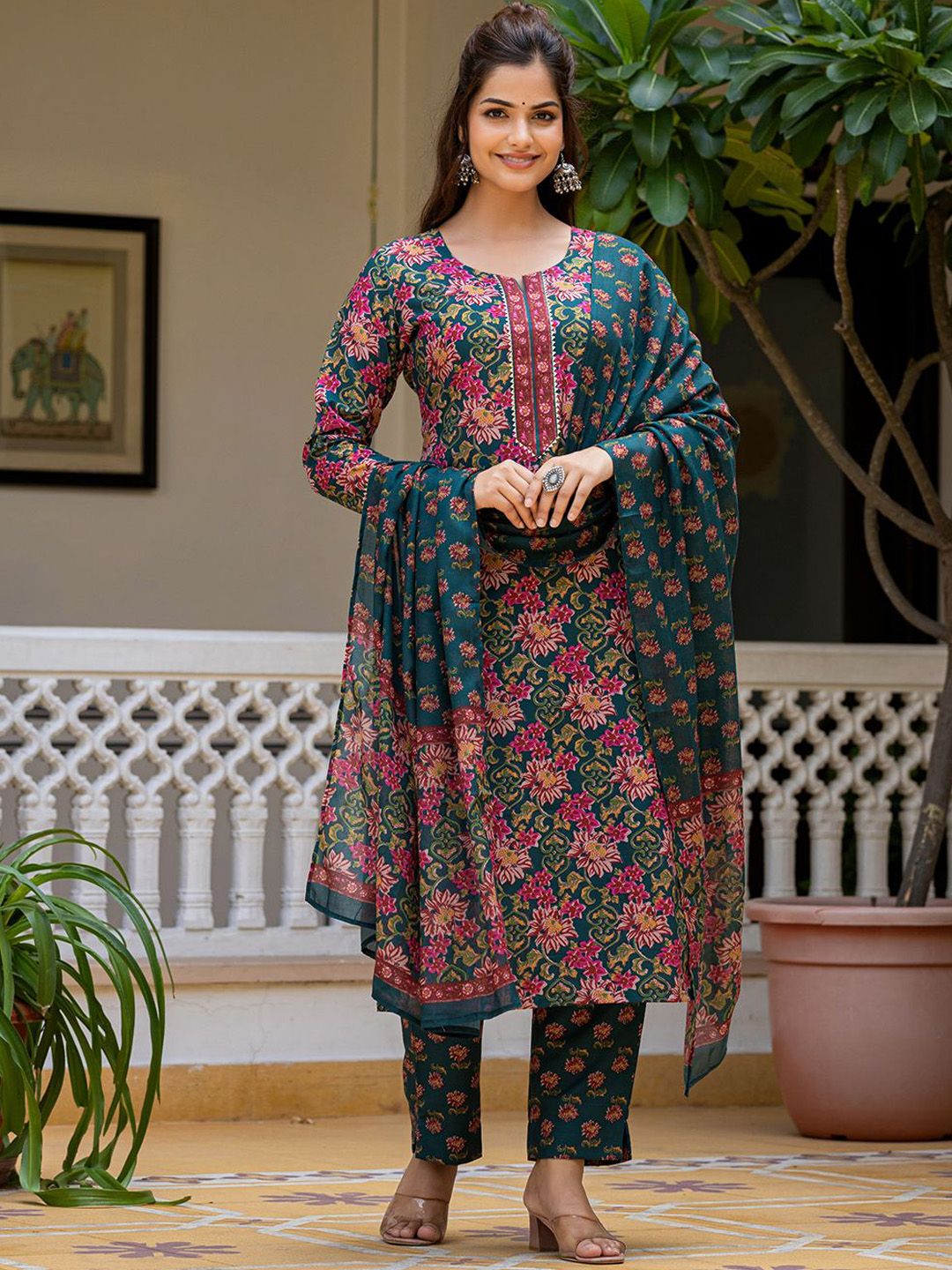 KALINI Women Floral Printed Regular Kurta with Trousers & Dupatta
