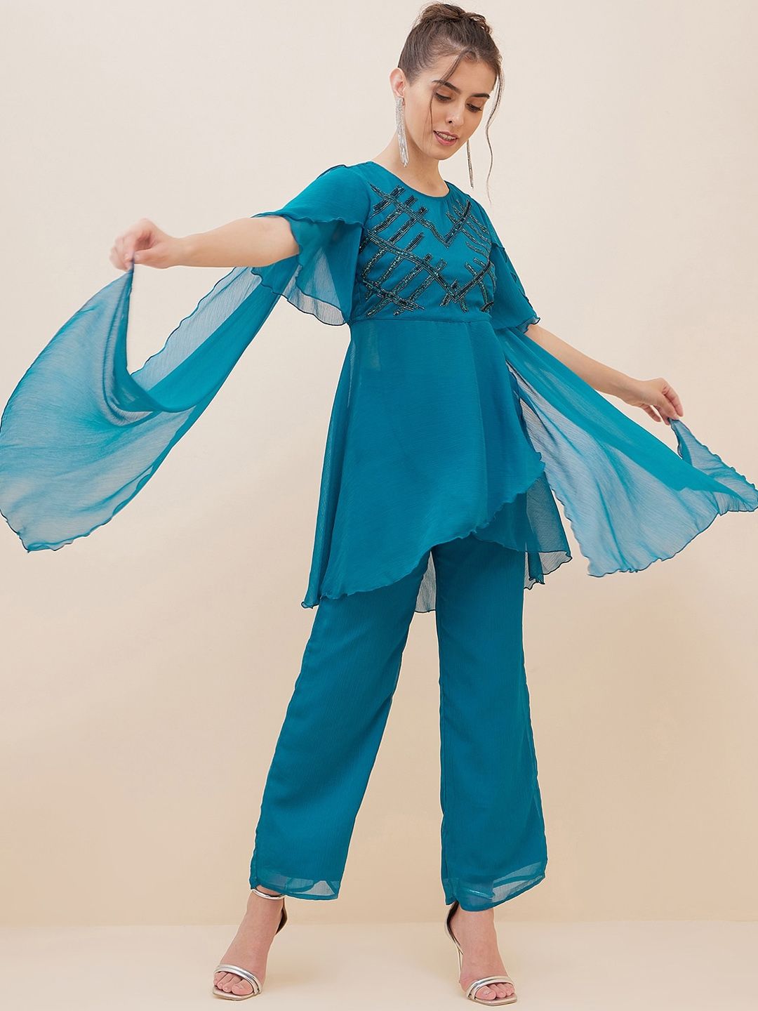 Antheaa Embellished Flared Sleeves Beads & Stones Empire Kurti With Trousers