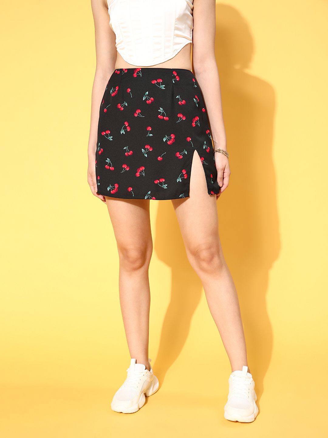 Berrylush Women Black & Red Cherry Print Front Slit Mini Skirt