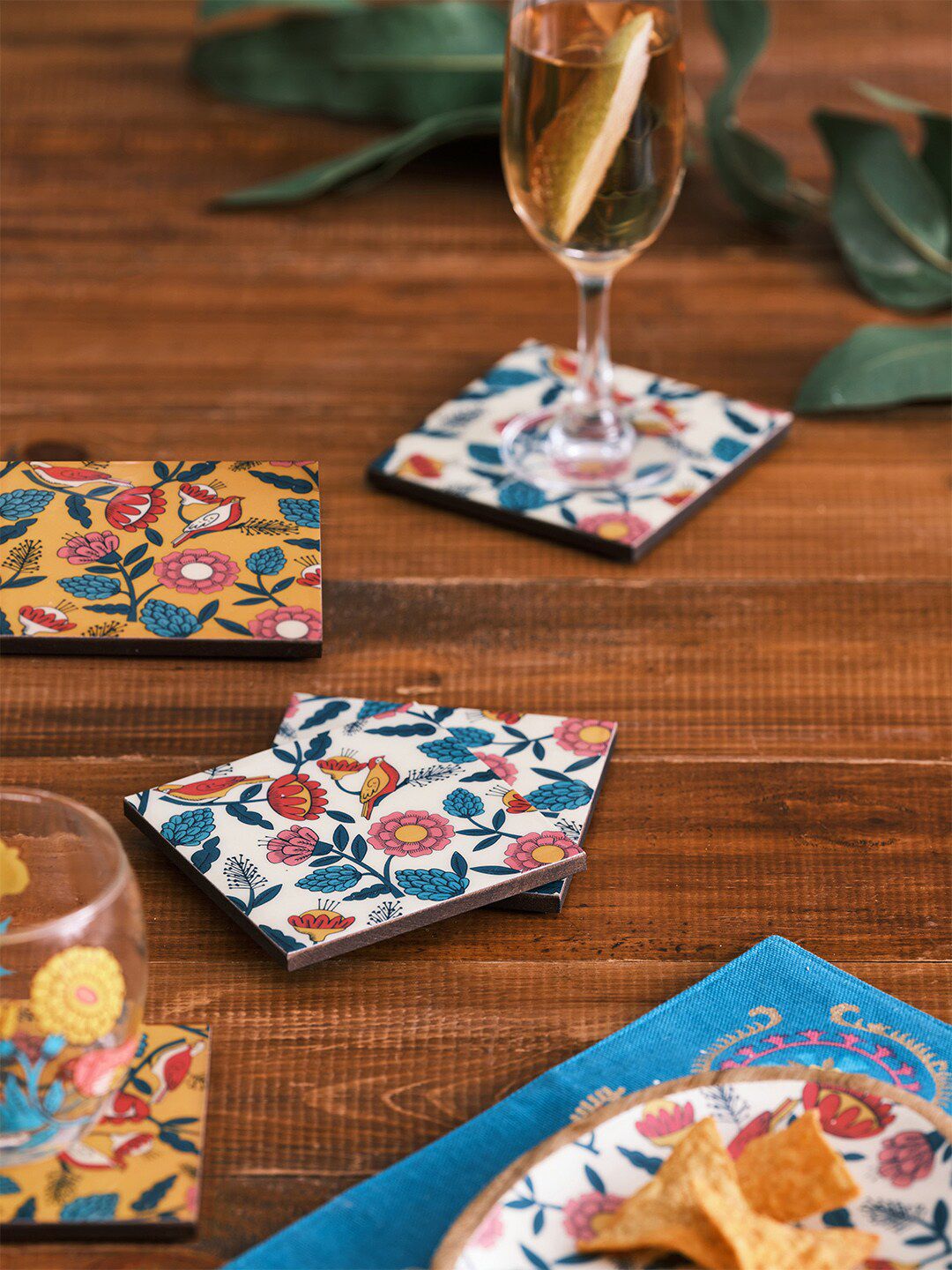 Chumbak Set of 6 Yellow & Pink Printed Coasters