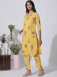 W Floral Printed Keyhole Neck Regular Thread Work Pure Cotton Kurta With Trousers