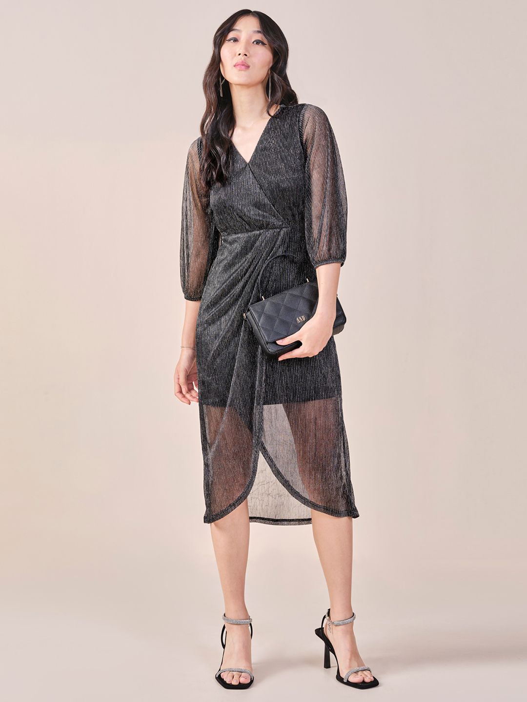 AND Puff Sleeve Midi Wrap Dress