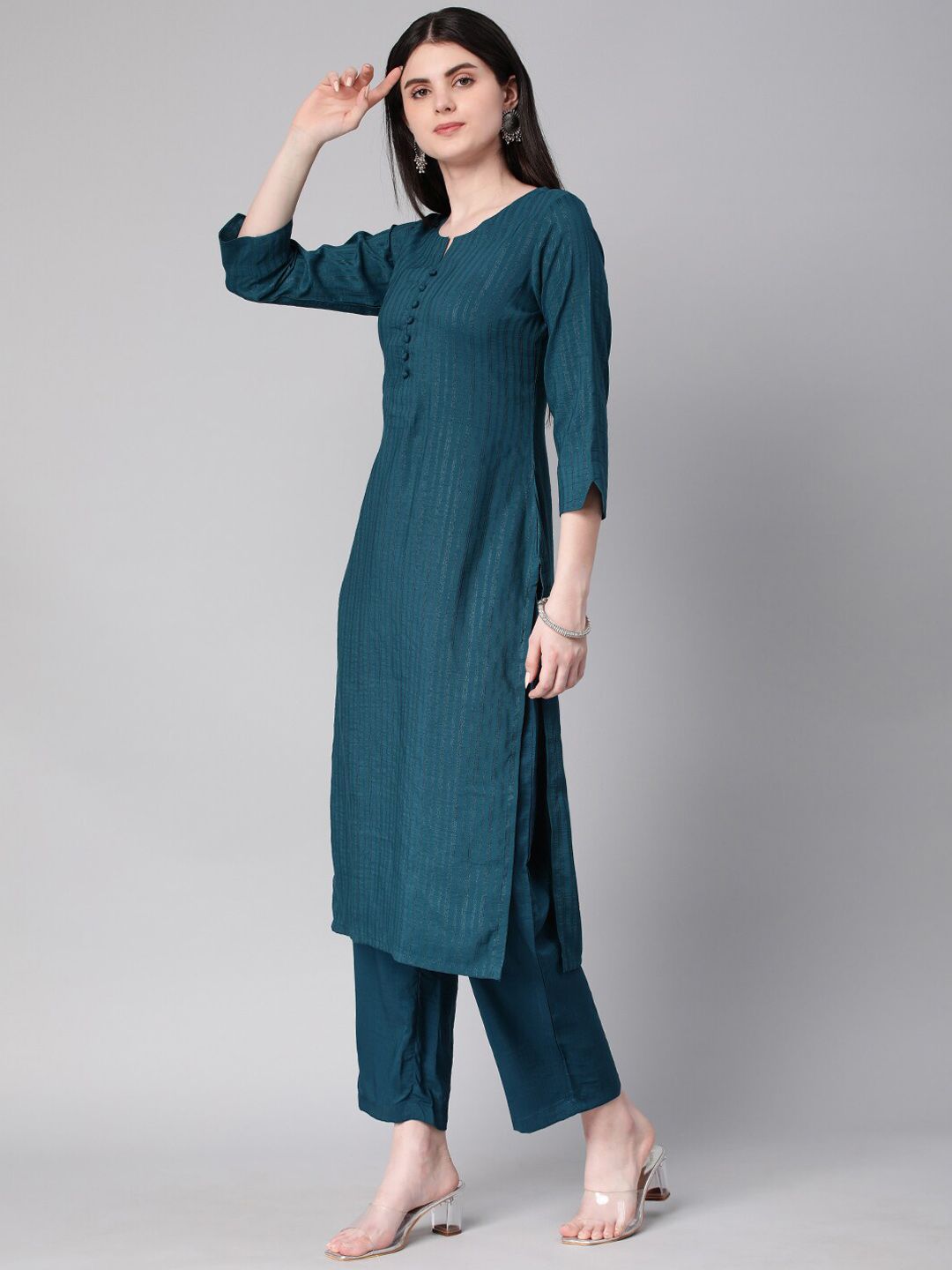 KALINI Woven Design Striped Straight Kurta With Trousers