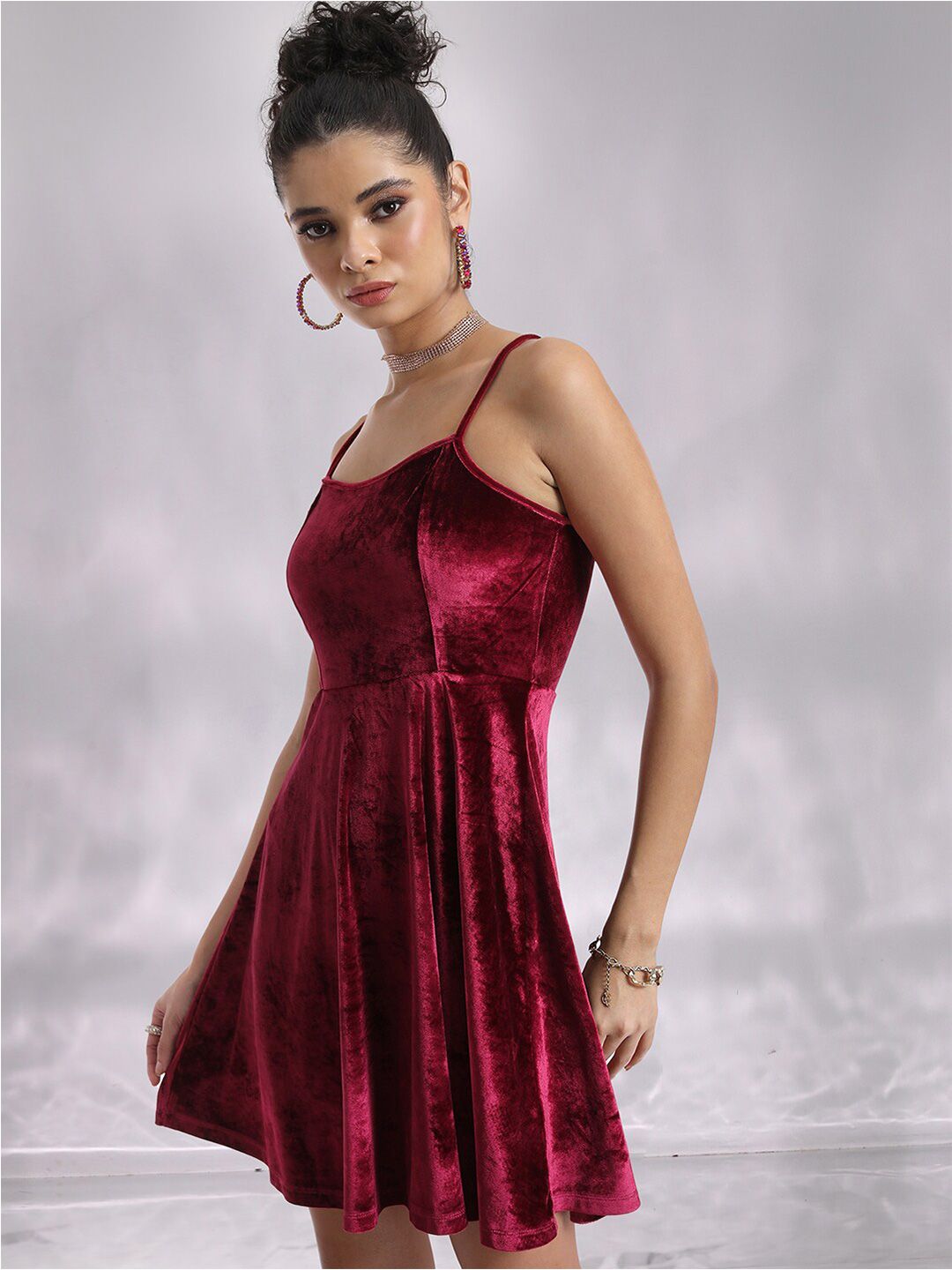 Tokyo Talkies Red Shoulder Straps Velvet Fit & Flare Dress