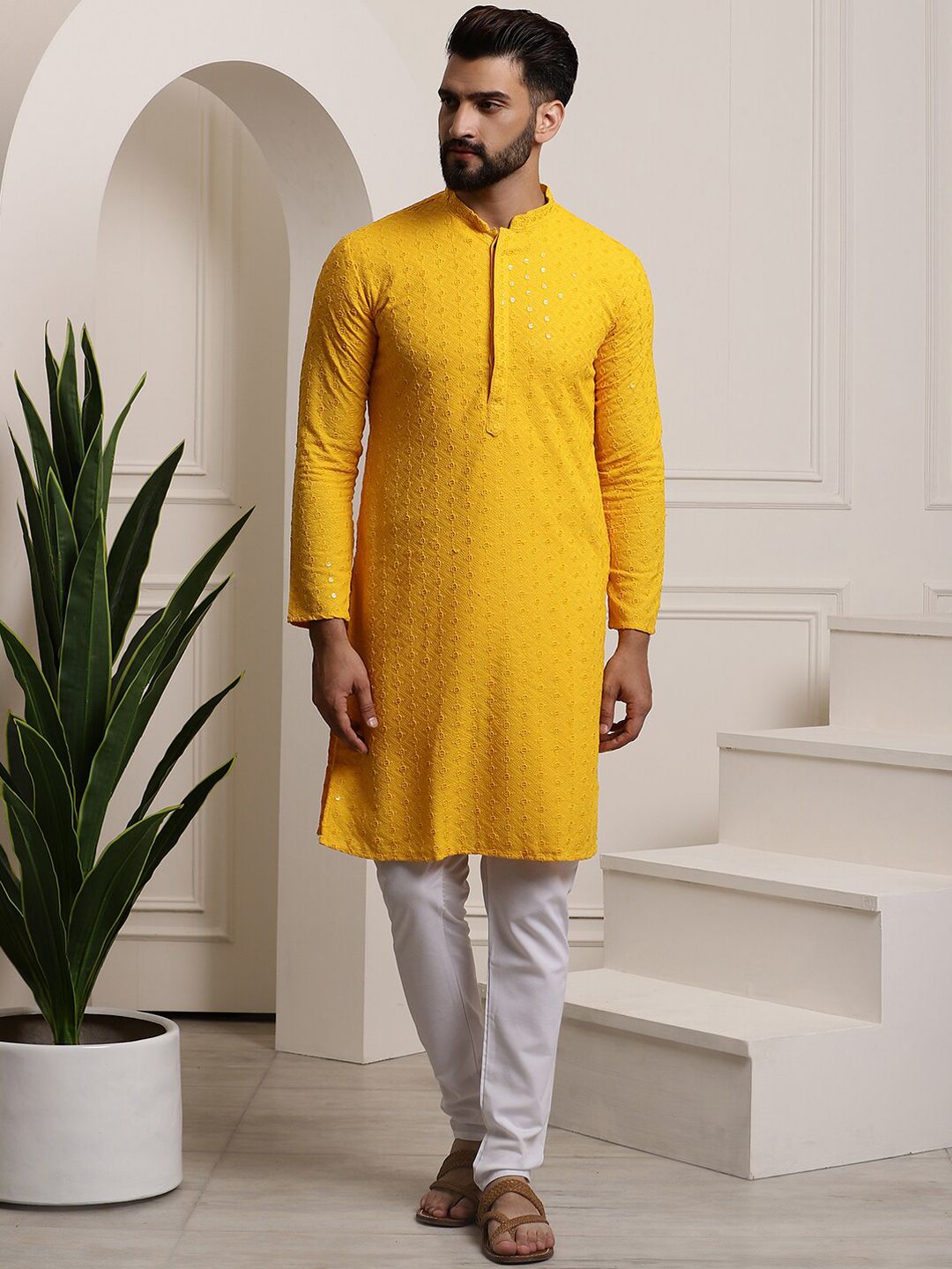 SOJANYA Men Ethnic Motifs Embroidered Sequinned Pure Cotton Kurta with Churidar