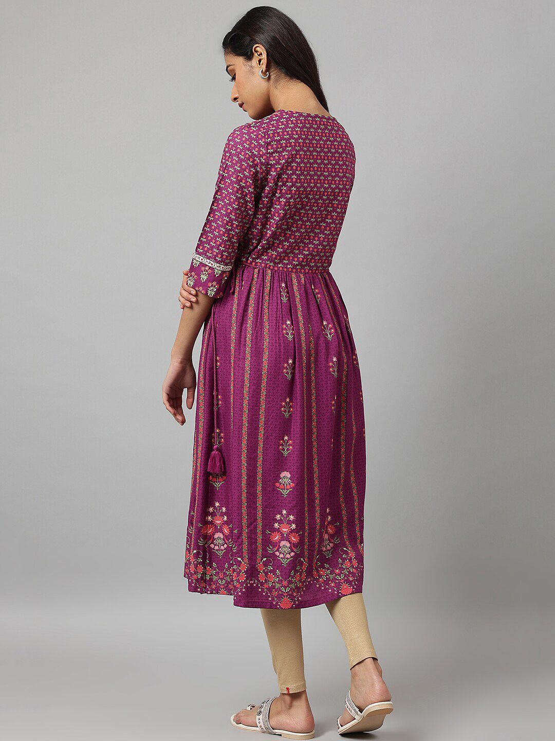 W Purple & Pink Floral Keyhole Neck Ethnic A-Line Midi Dress