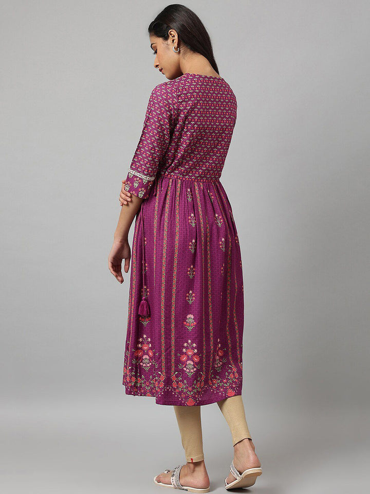 W Purple & Pink Floral Keyhole Neck Ethnic A-Line Midi Dress
