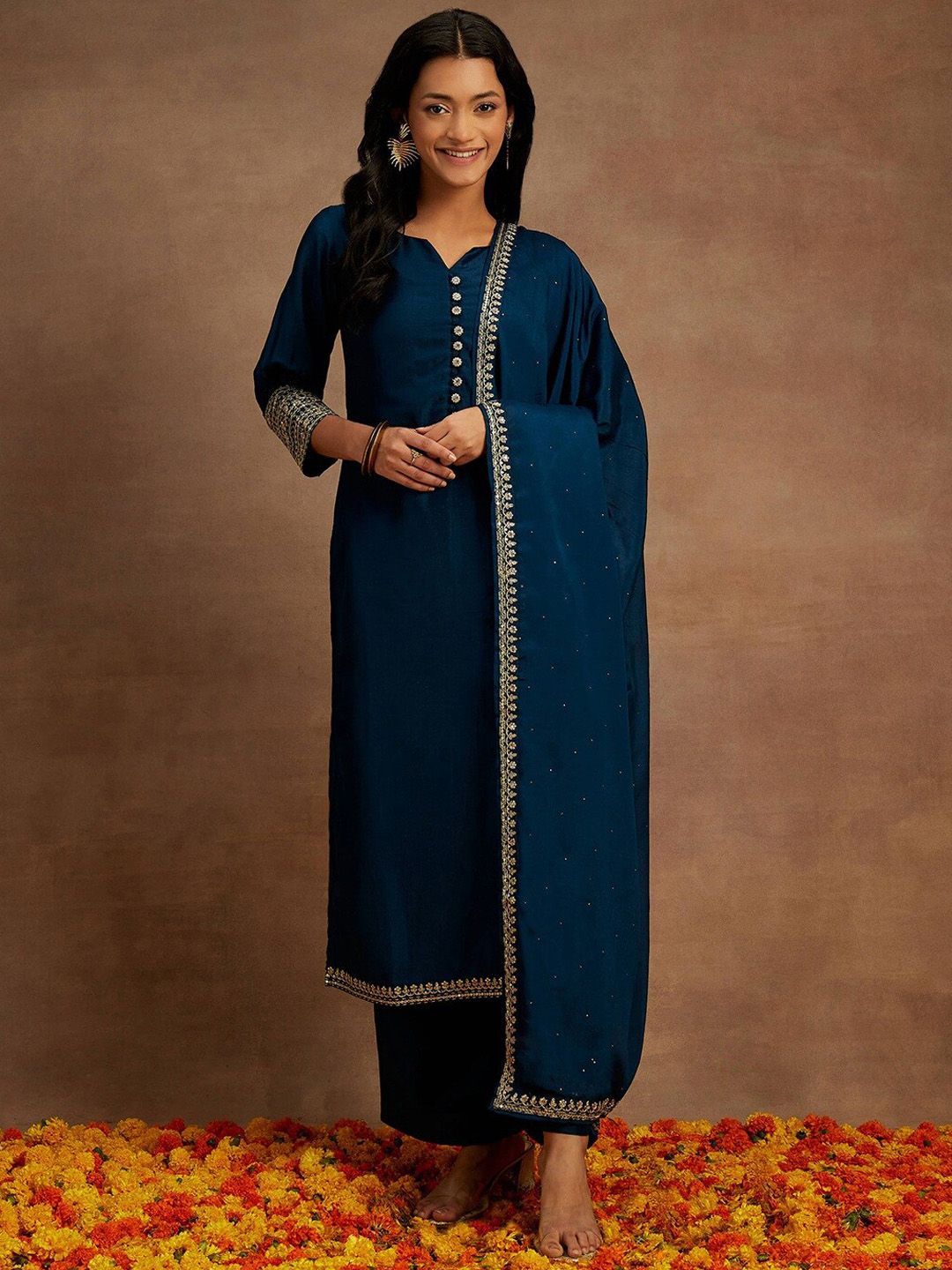 Libas Straight Round Neck Kurta with Palazzos & Dupatta
