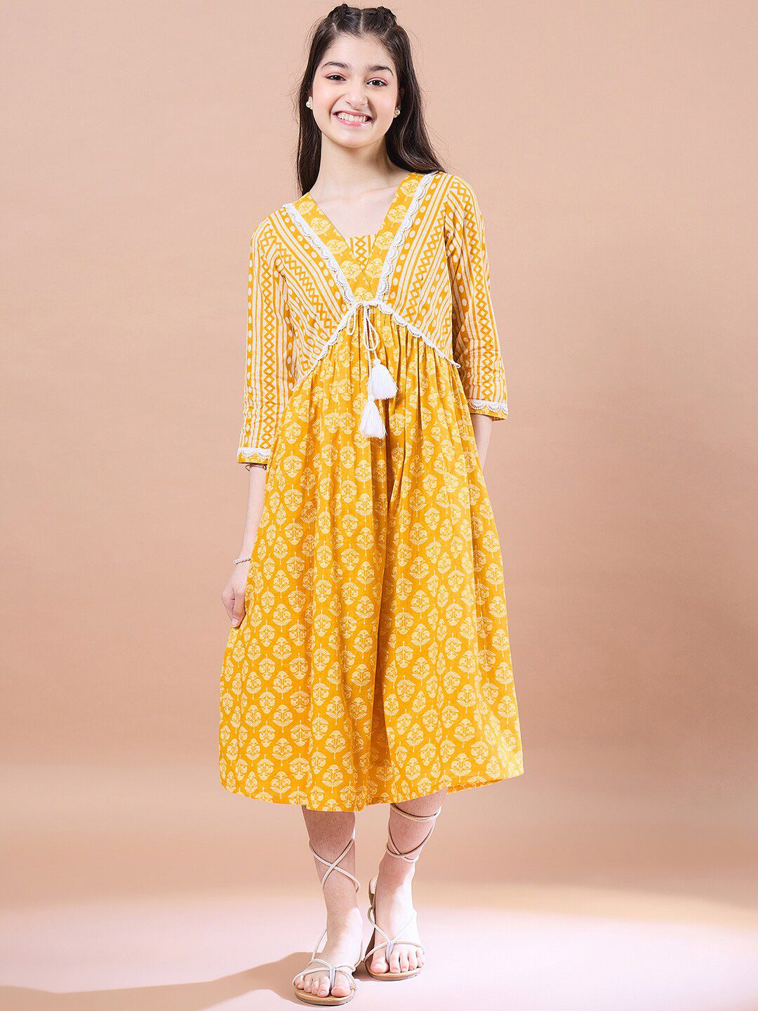 pspeaches Girls Ethnic Motifs Print Cotton V-Neck A-Line Midi Dress