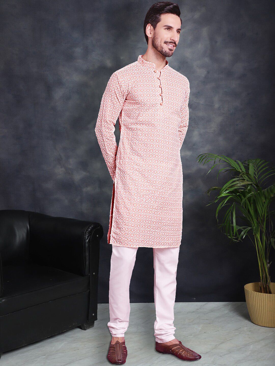 Jompers Ethnic Motifs Embroidered Pure Cotton Chikankari Kurta With Churidar