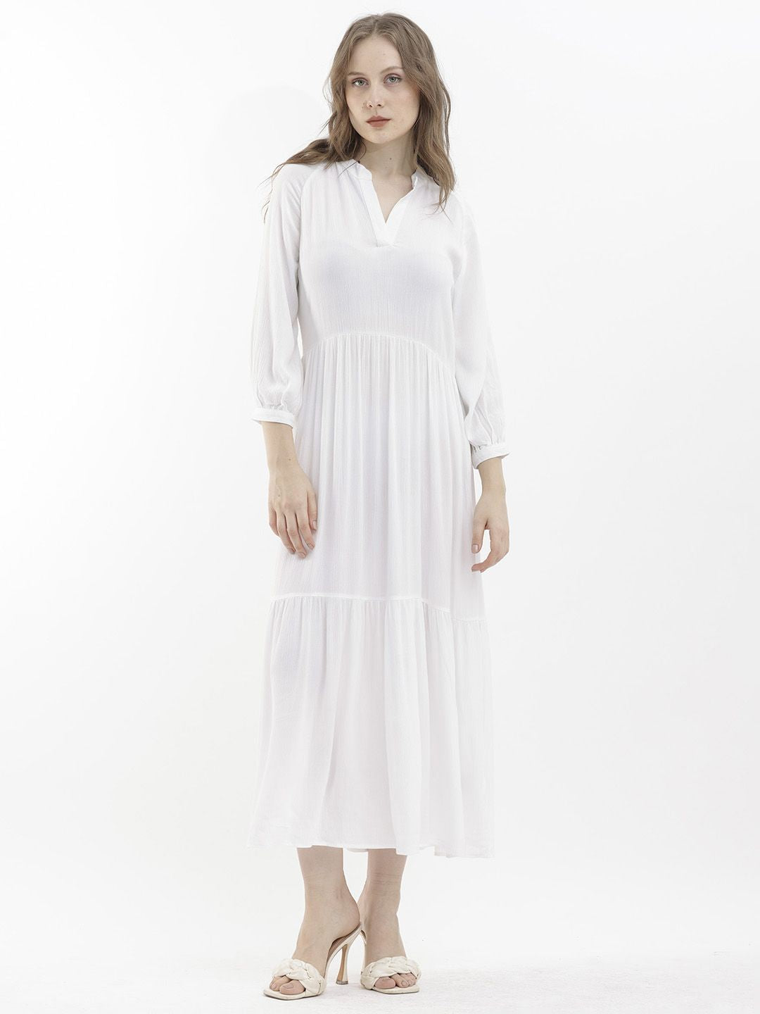 RAREISM Mandarin Collar Cuffed Sleeves Gathered Tiered Fit & Flare Midi Dress