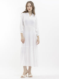 RAREISM Mandarin Collar Cuffed Sleeves Gathered Tiered Fit & Flare Midi Dress