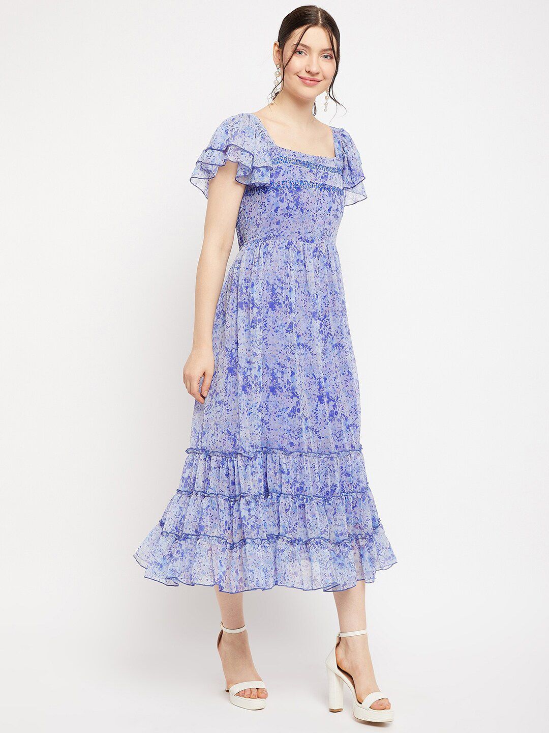 Antheaa Square Neck Abstract Printed Tiered Embellished Chiffon Fit & Flare Midi Dress