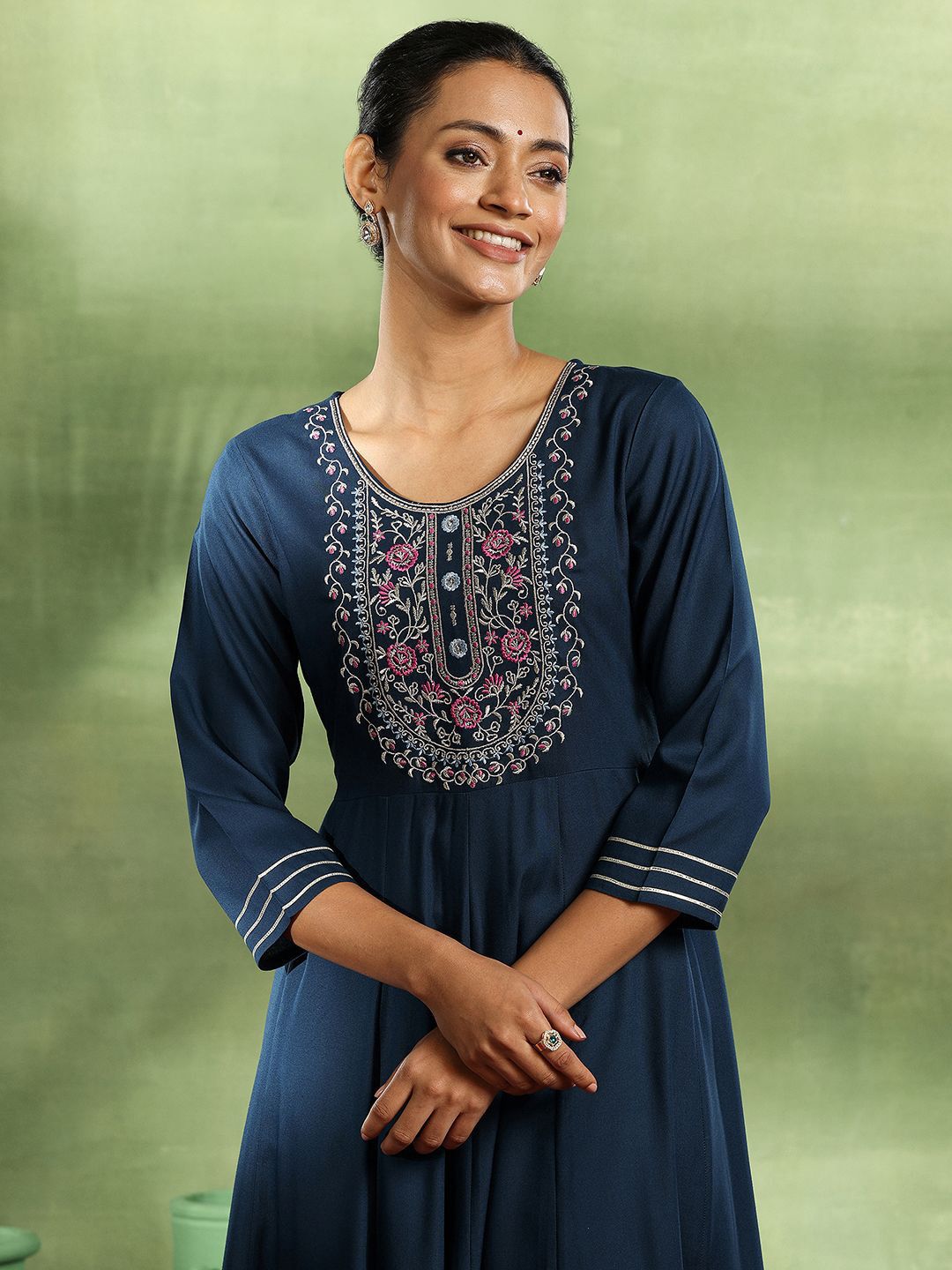 Libas Womens Navy Blue Yoke Design Viscose Anarkali Kurta With Trousers & Dupatta