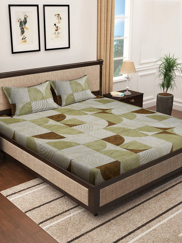 KLOTTHE Olive & Brown Printed 400 TC Pure Cotton Super King Bedsheets with 2 Pillow Cover