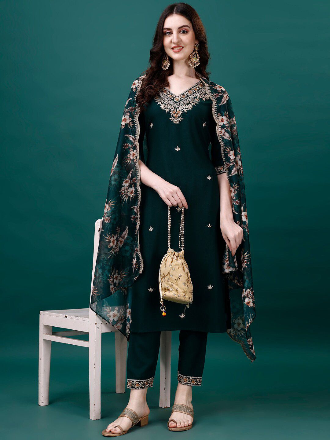 KALINI Floral Embroidered Sequinned Kurta & Trousers With Dupatta