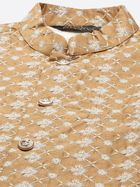 SOJANYA Men Beige & White Ethnic Motifs Embroidered Kurta with Churidar & Jacket