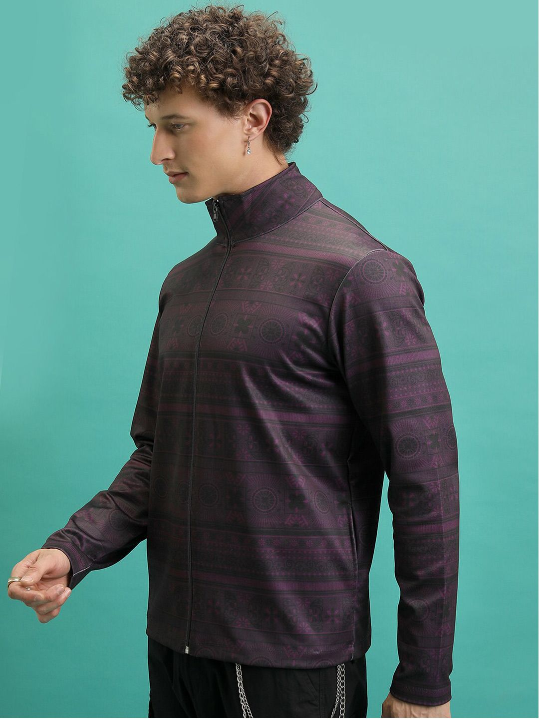 HIGHLANDER Regular Fit Geometric Printed Mock Collar Tailored Jacket