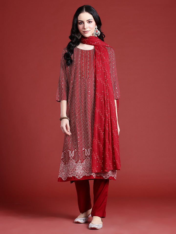 Anouk Bandhani Printed Regular Thread Work Kurta With Trousers & Dupatta