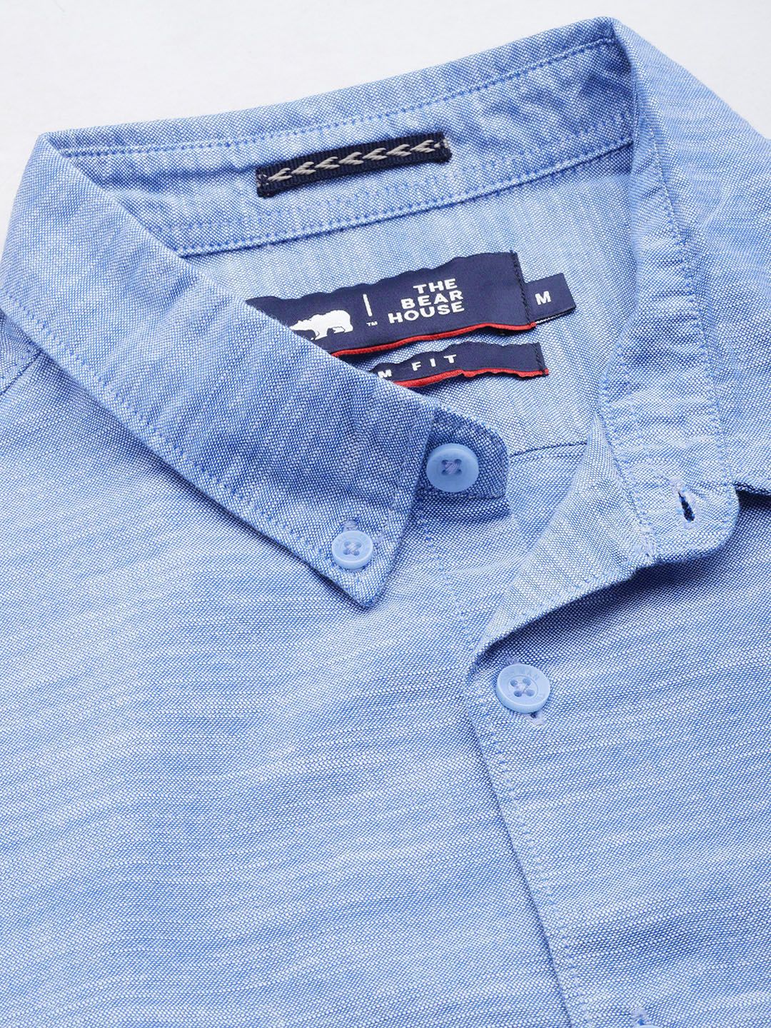 THE BEAR HOUSE Men Blue Self Design Slim Fit Cotton Chambray Shirt