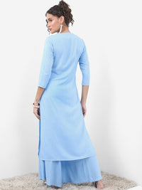 Vishudh Blue Floral Embroidered Keyhole Neck Straight Kurta With Palazzos