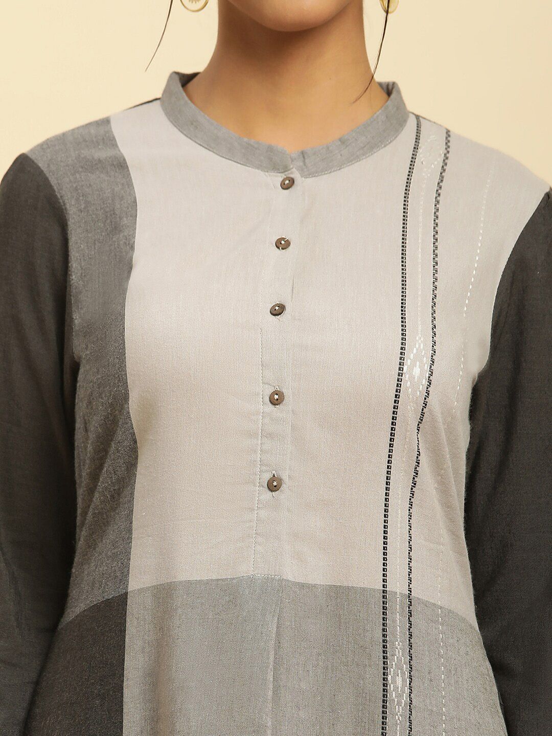 W Grey Mandarin Collar Straight Kurta