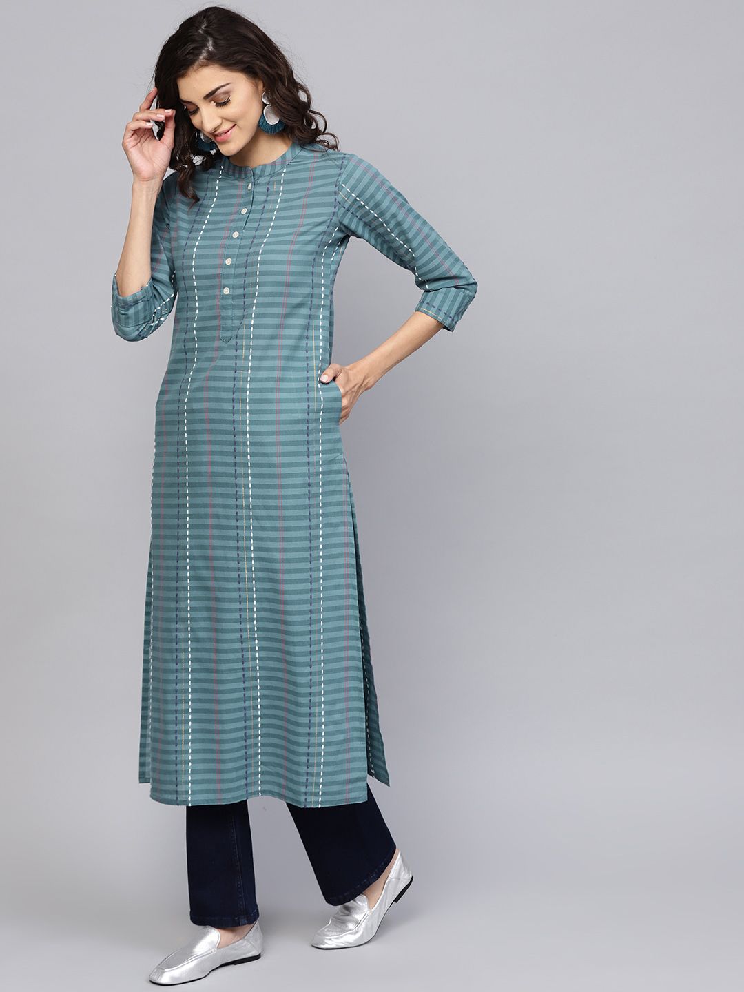 Libas Women Grey Striped Straight Kurta