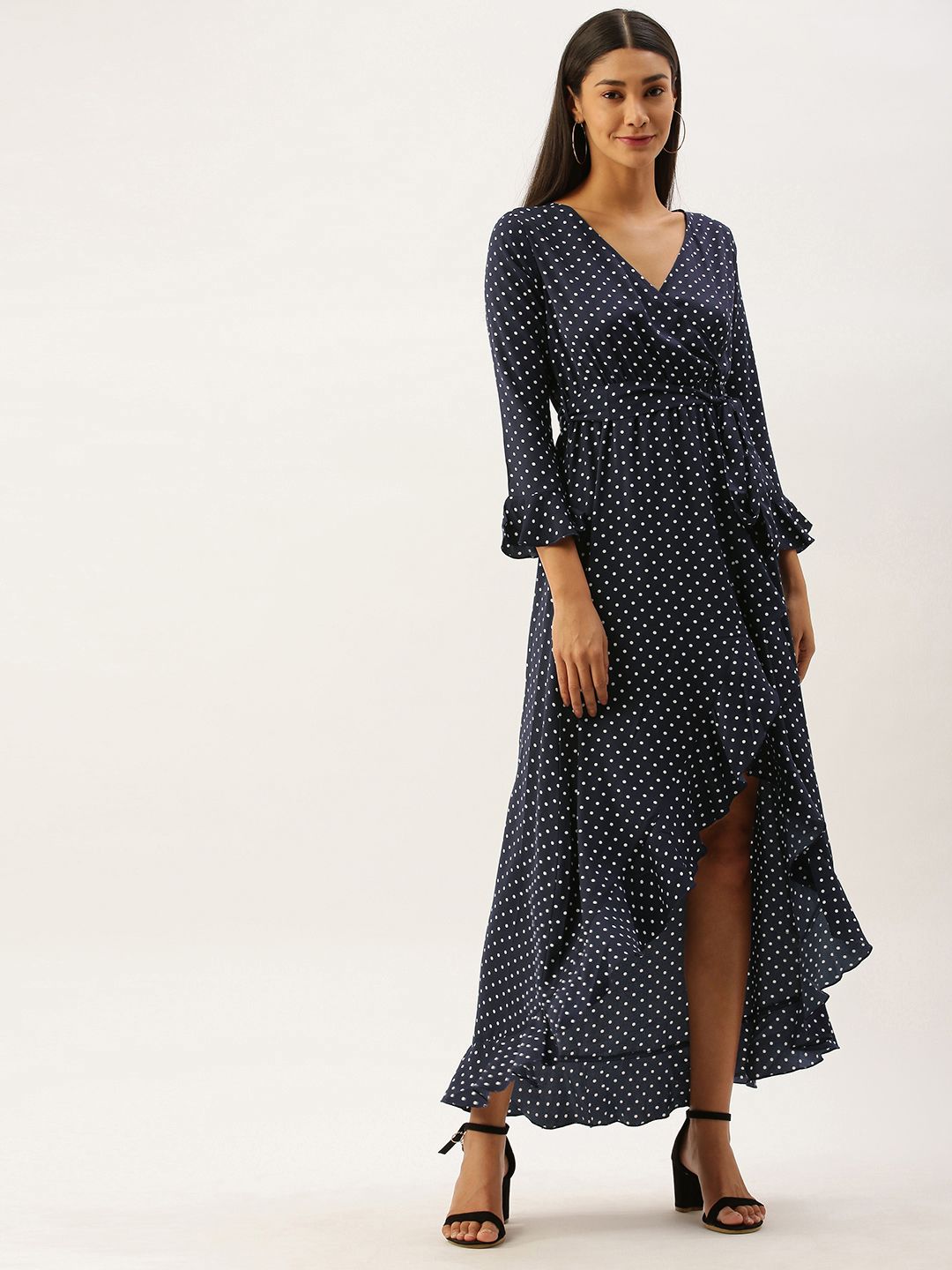 Berrylush Women Navy Blue Printed Wrap High-Low Hem Maxi Dress with Ruffle Detail