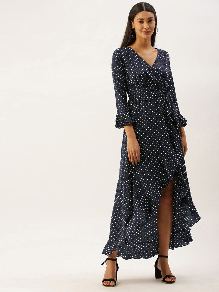 Berrylush Women Navy Blue Printed Wrap High-Low Hem Maxi Dress with Ruffle Detail