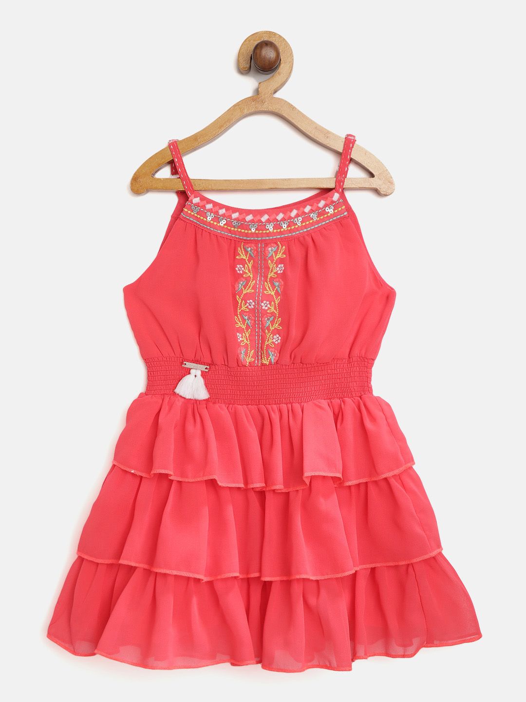 Nauti Nati Girls Coral Pink Solid Tiered Fit & Flare Dress with Briefs