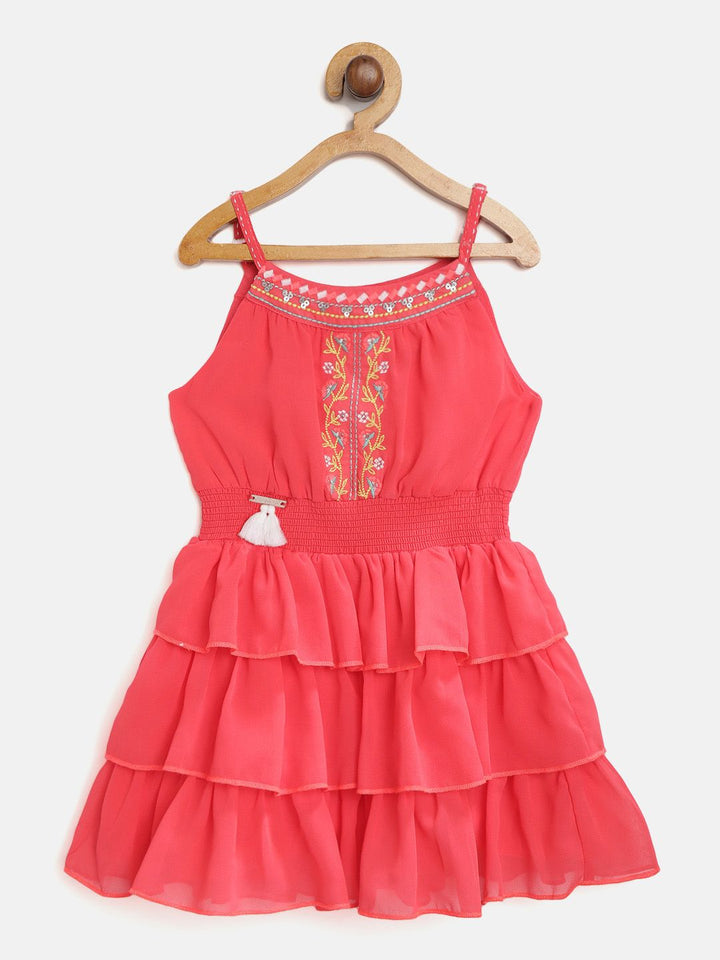 Nauti Nati Girls Coral Pink Solid Tiered Fit & Flare Dress with Briefs
