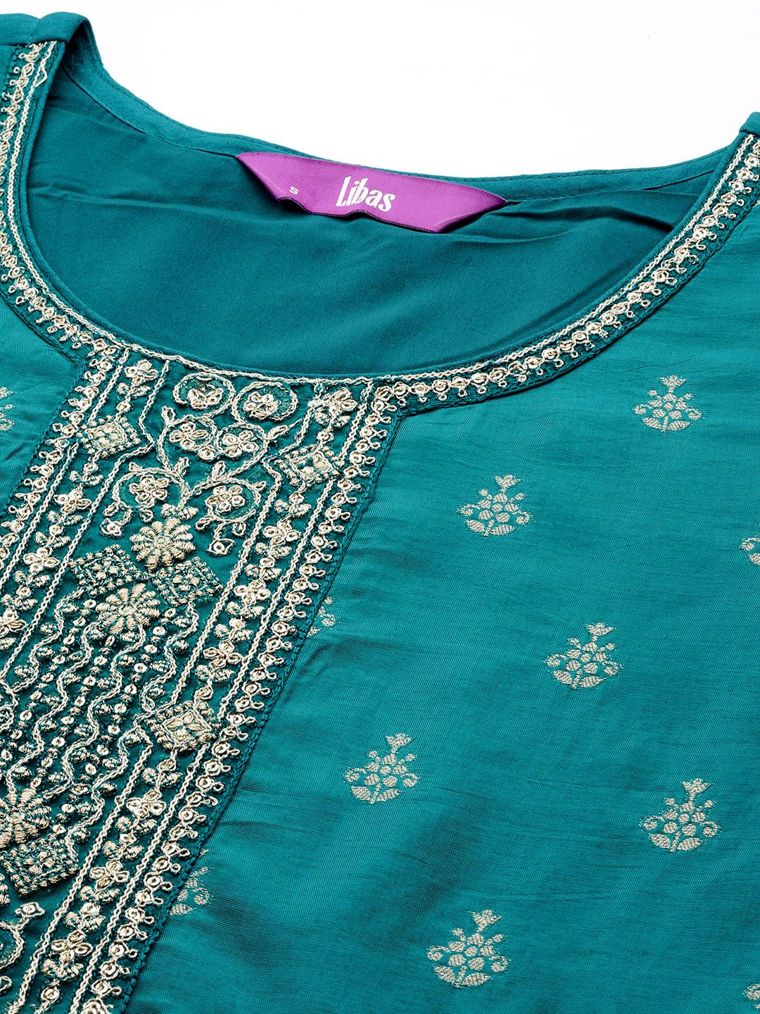 Libas Women Green Floral Pure Silk Kurta with Trousers & With Dupatta