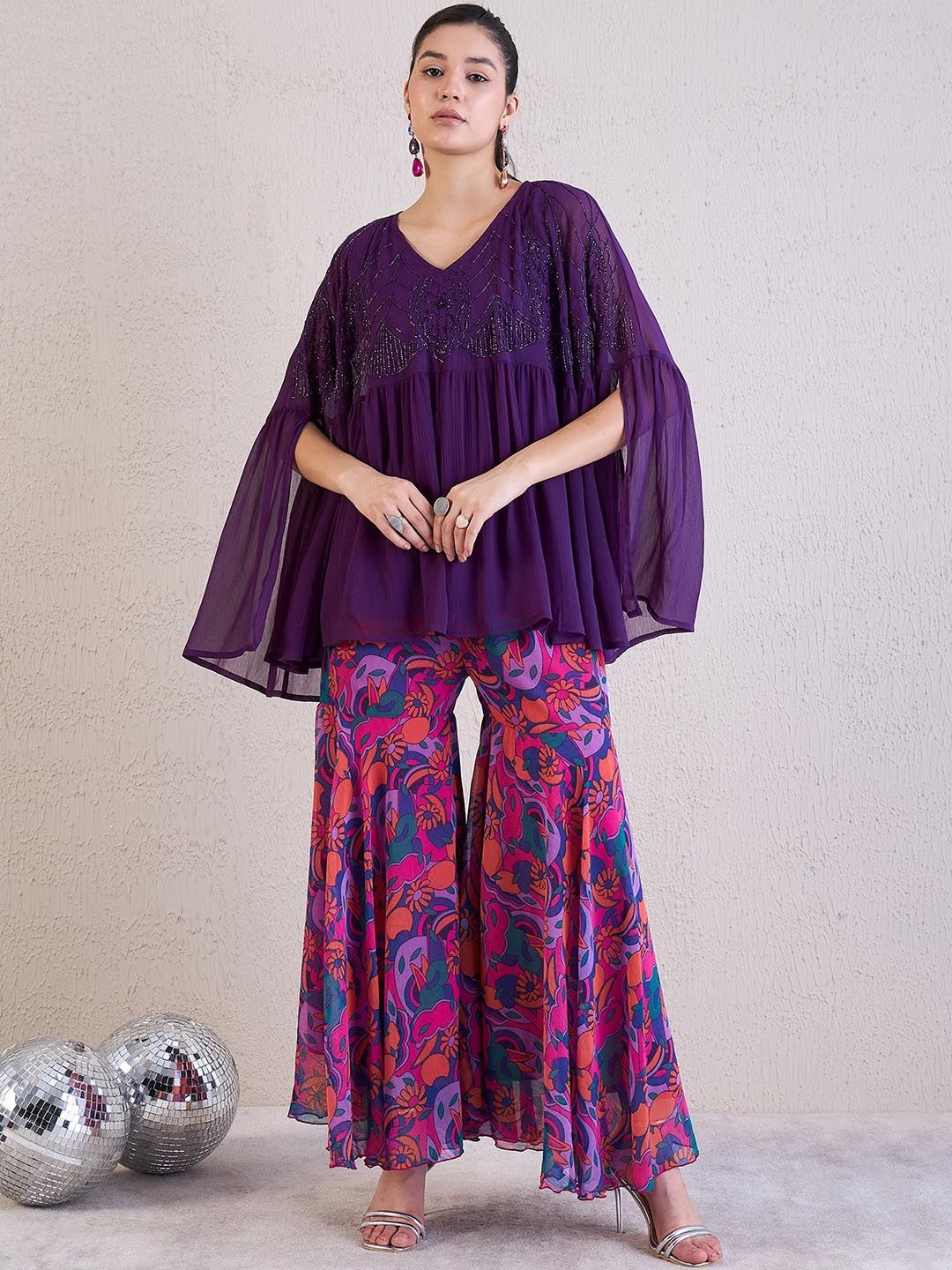 Antheaa Purple Embellished V-Neck Three Quarter Sleeve Top & Sharara