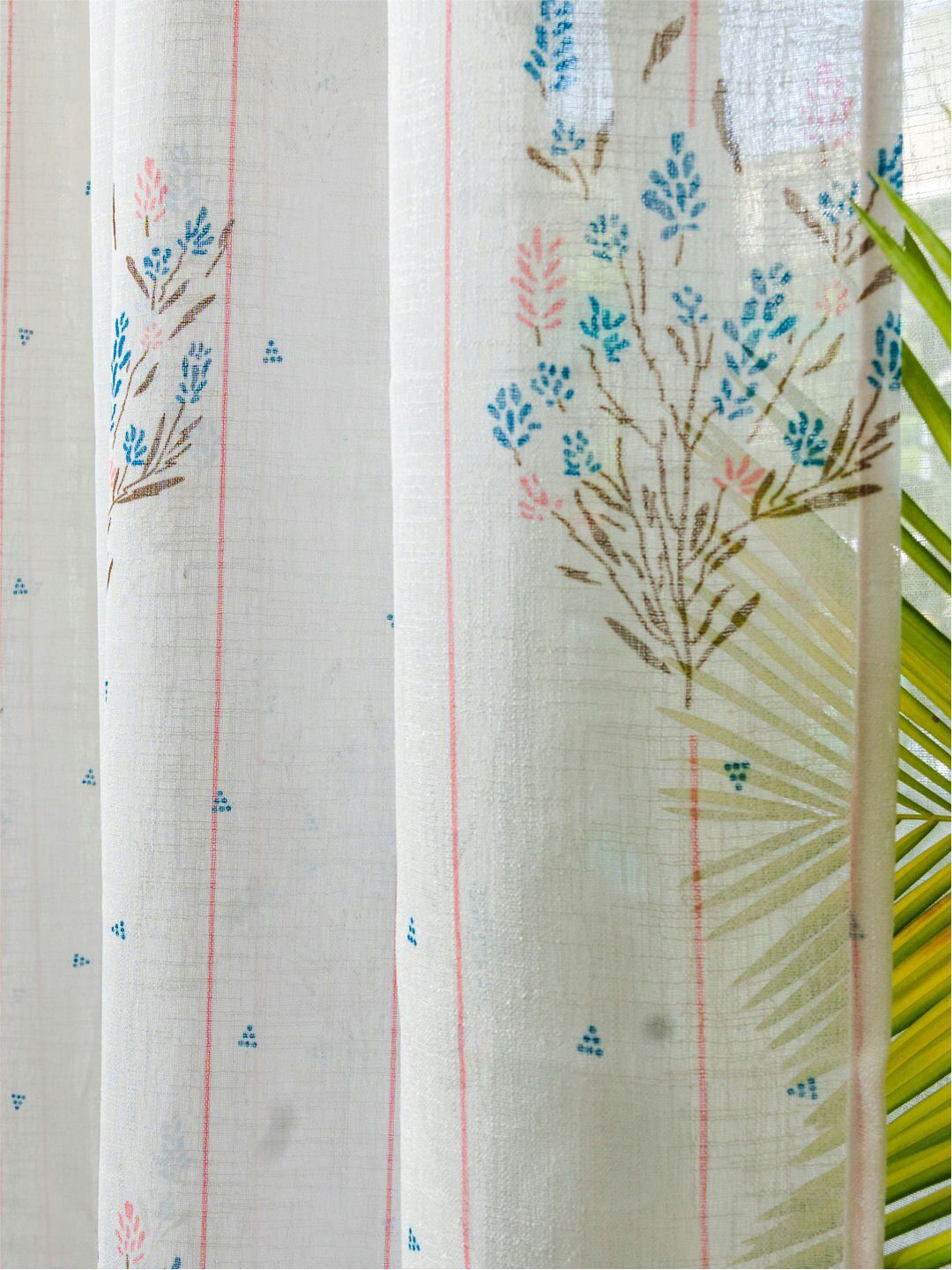 URBAN SPACE White & Blue 2 Pieces Floral Sheer Window Curtains