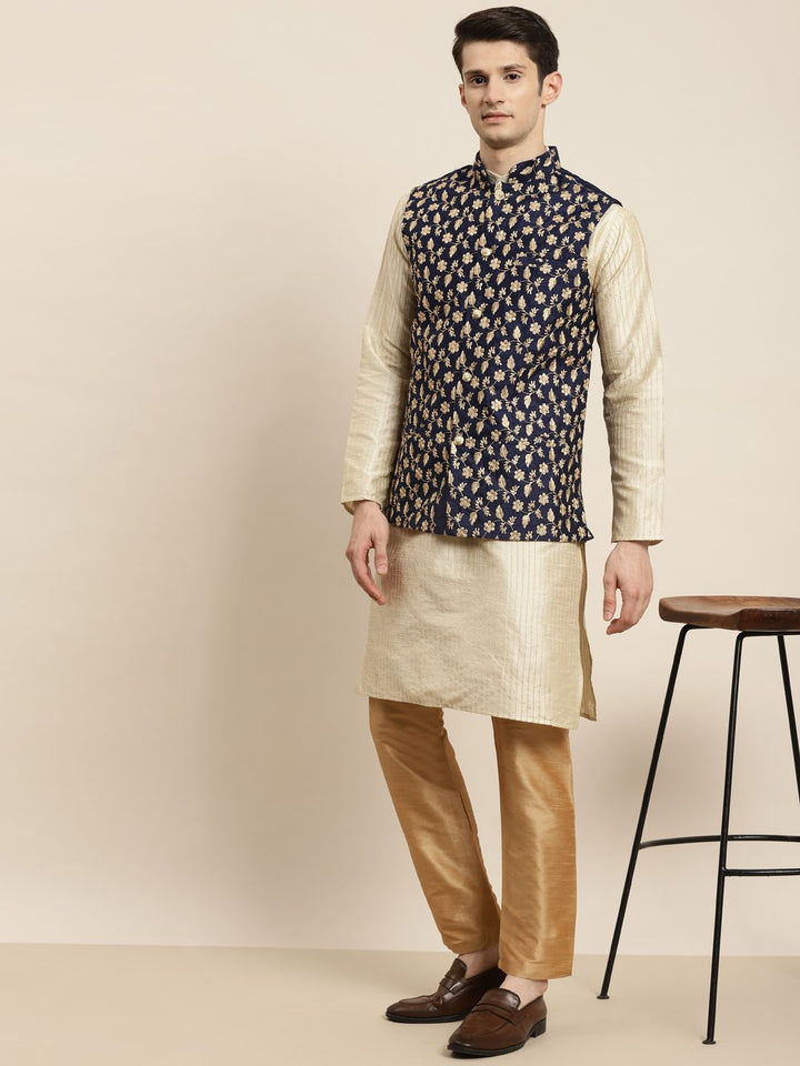 SOJANYA Men Cream-Coloured Kurta with Churidar & Nehru Jacket