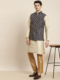 SOJANYA Men Cream-Coloured Kurta with Churidar & Nehru Jacket