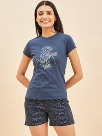 Sweet Dreams Blue Printed Pure Cotton 3 Piece Night Suit Set
