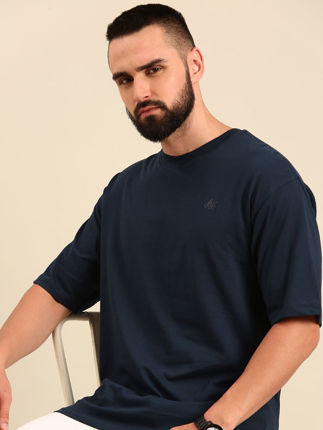 Being Human Solid Drop-Shoulder Sleeves Pure Cotton Applique T-shirt
