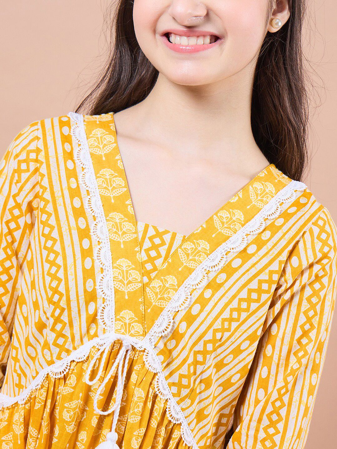 pspeaches Girls Ethnic Motifs Print Cotton V-Neck A-Line Midi Dress
