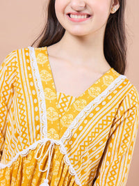 pspeaches Girls Ethnic Motifs Print Cotton V-Neck A-Line Midi Dress