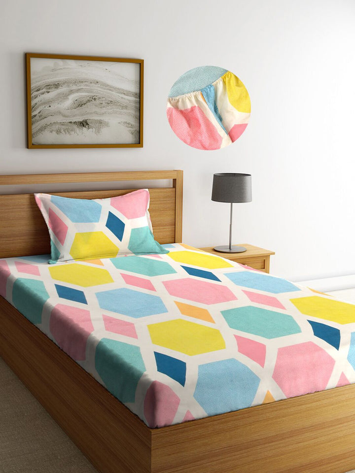 KLOTTHE Multicolor Geometric Fitted 300 TC Single Bedsheet With 1 Pillow Cover-225X150 cm