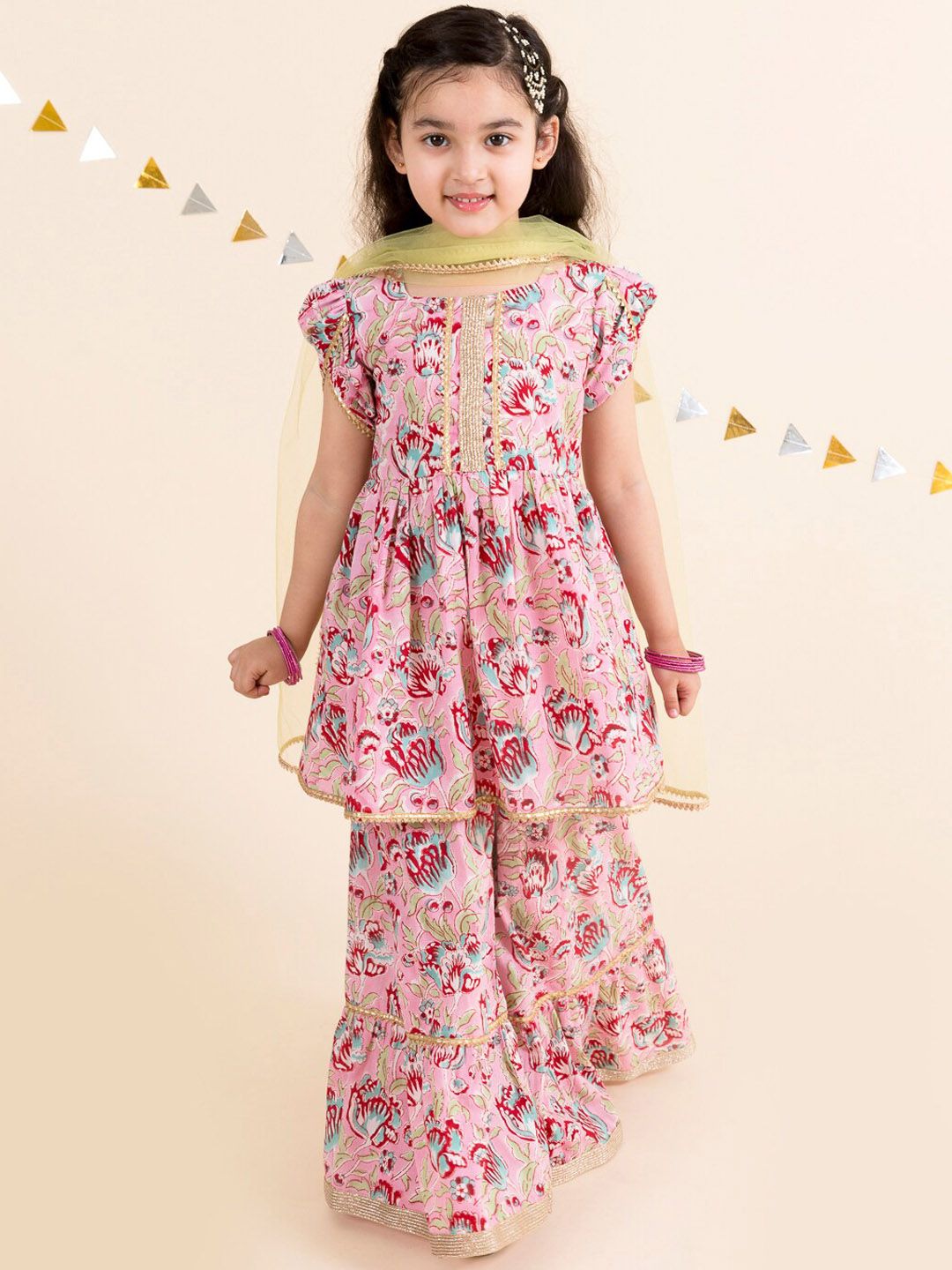 pspeaches Girls Pink Floral Printed Gotta Patti Pure Cotton Kurti with Palazzos With Dupatta