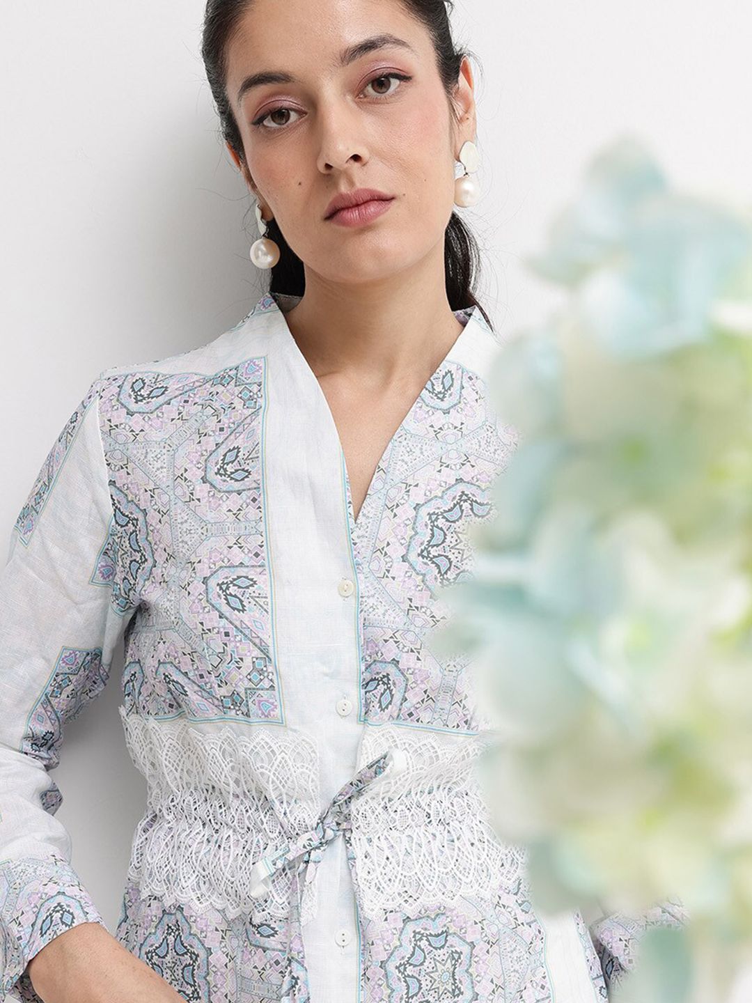 RAREISM Ethnic Motifs Printed Mandarin Collar Cotton Cinched Waist Top