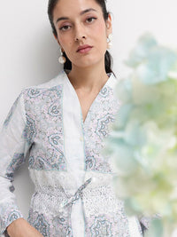 RAREISM Ethnic Motifs Printed Mandarin Collar Cotton Cinched Waist Top