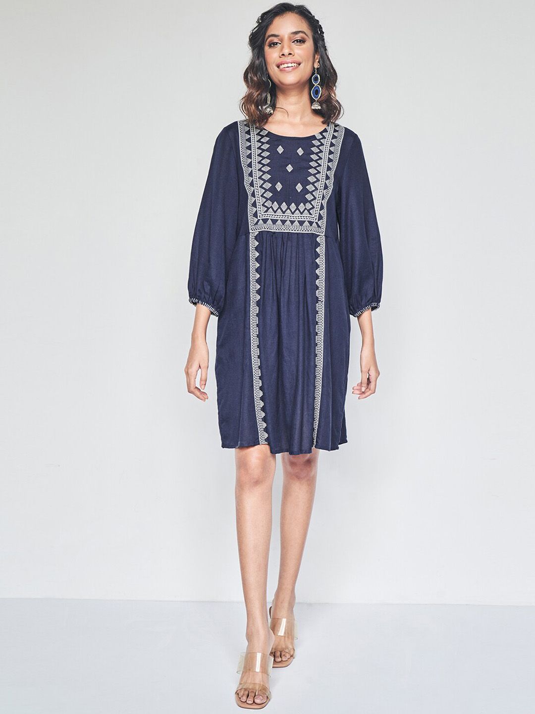 Global Desi Ethnic Motif Embroidered A-Line Ethnic Dress