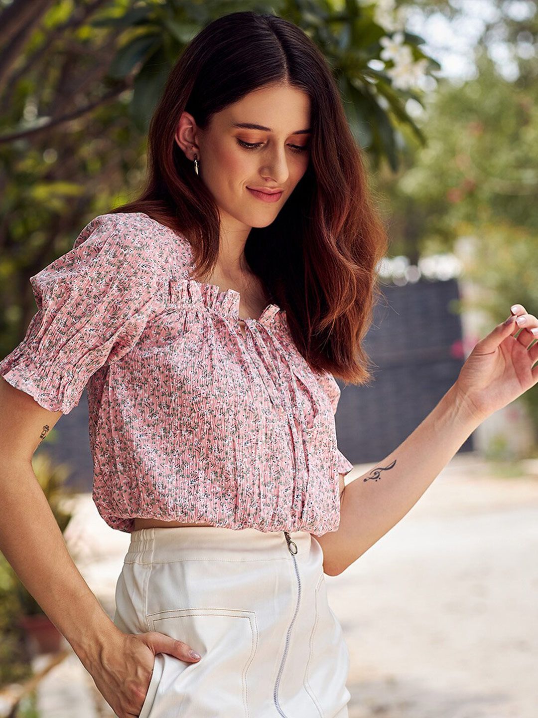 Athena Women Peach-Coloured Floral Printed Tie-Up Neck Top