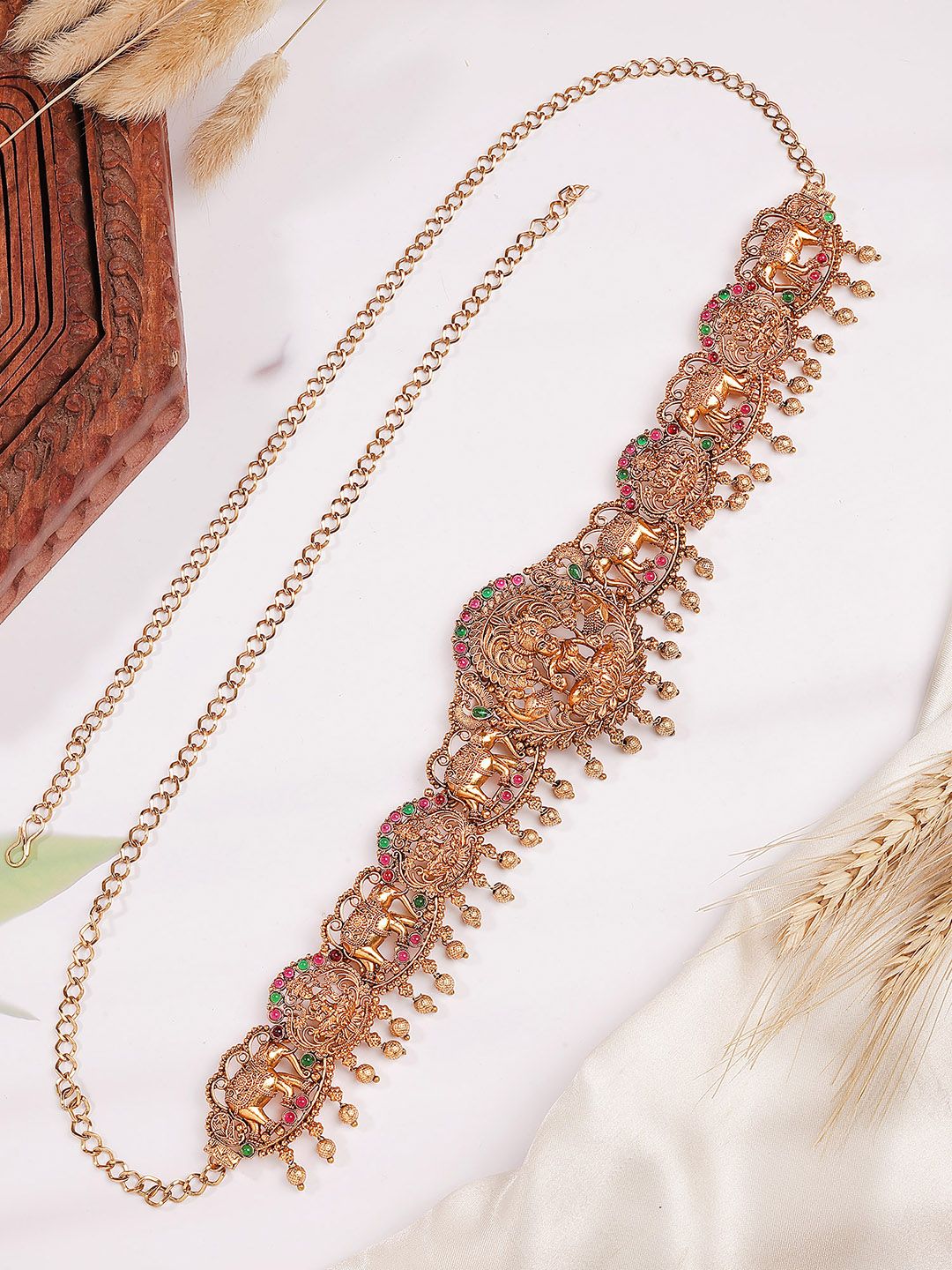 KARATCART Artificial Stones Studded & Beaded Goddess Lakshmi Mata and Elephant Kamarbandh