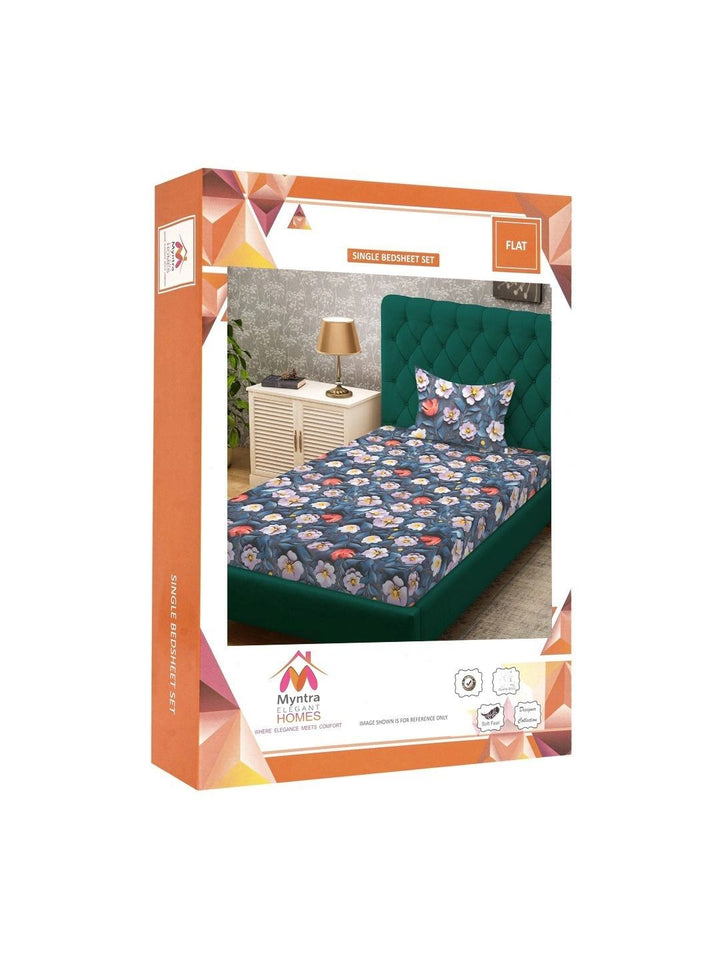 Myntra Elegant Homes Blue Floral 300 TC Single Bedsheet with 1 Pillow Covers